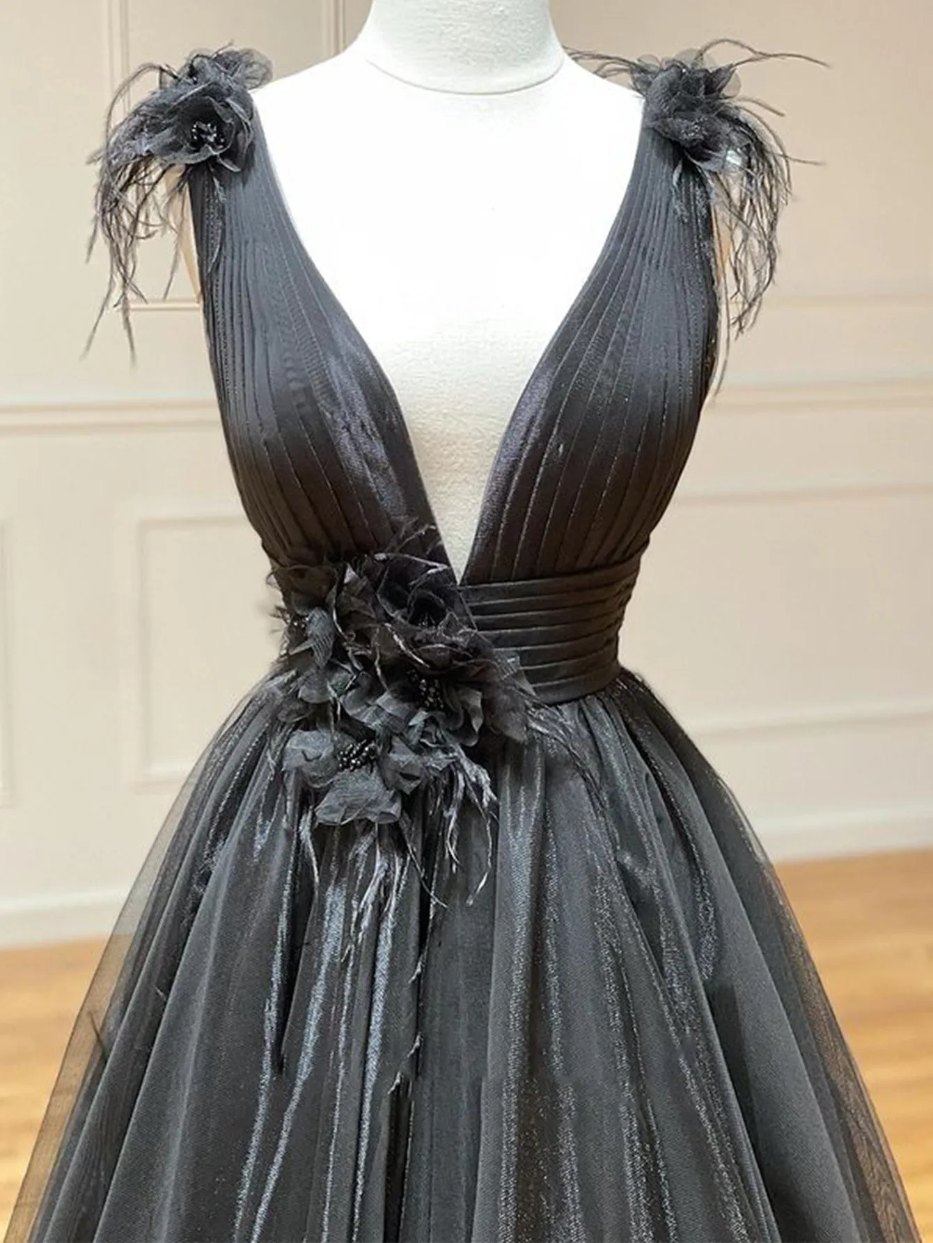 A Line Black V Neck Tulle Long Prom Dress