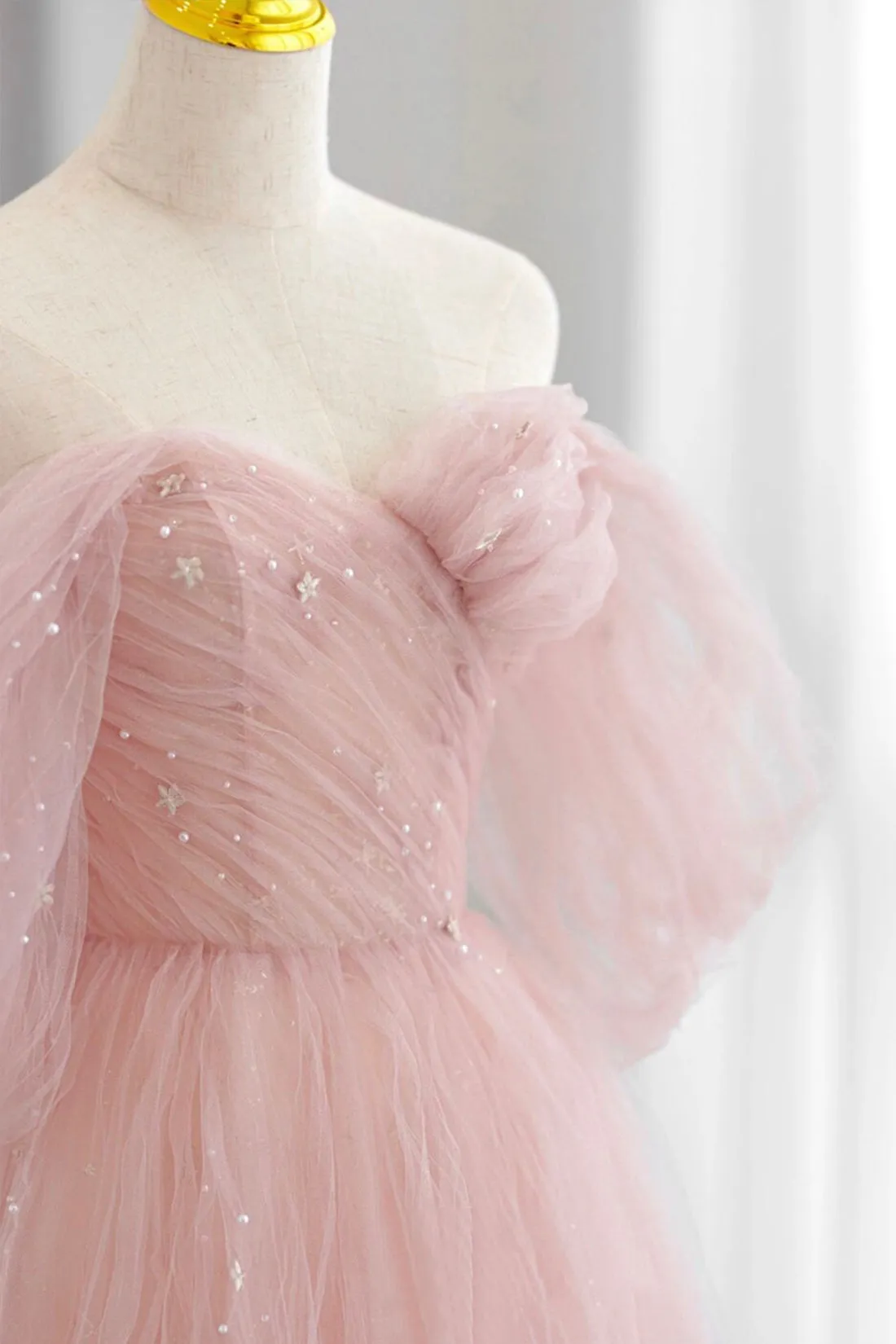 Adalee | Pink Tulle Floor Length Prom Dress, Cute A-Line Evening Party Dress