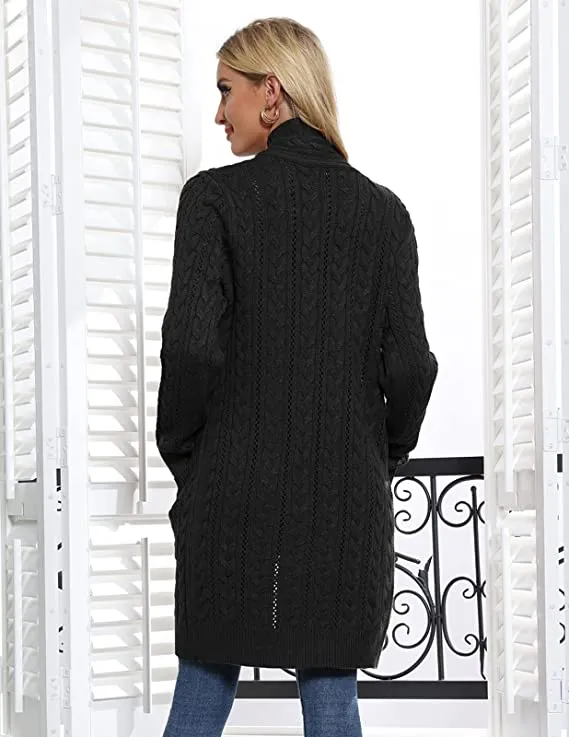 Black Crochet Sleeve Women Open Front Cardigan Sweaters Pockets Long Sleeve Shrugs - GRACE KARIN