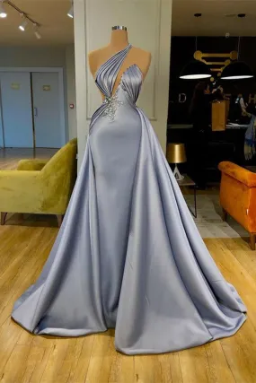 Chic Long Mermaid Halter Beadings Satin Evening Dress With Detachable Skirt