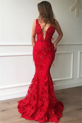 Chic Red Mermaid Sleeveless Lace Appliques Evenging Dresses