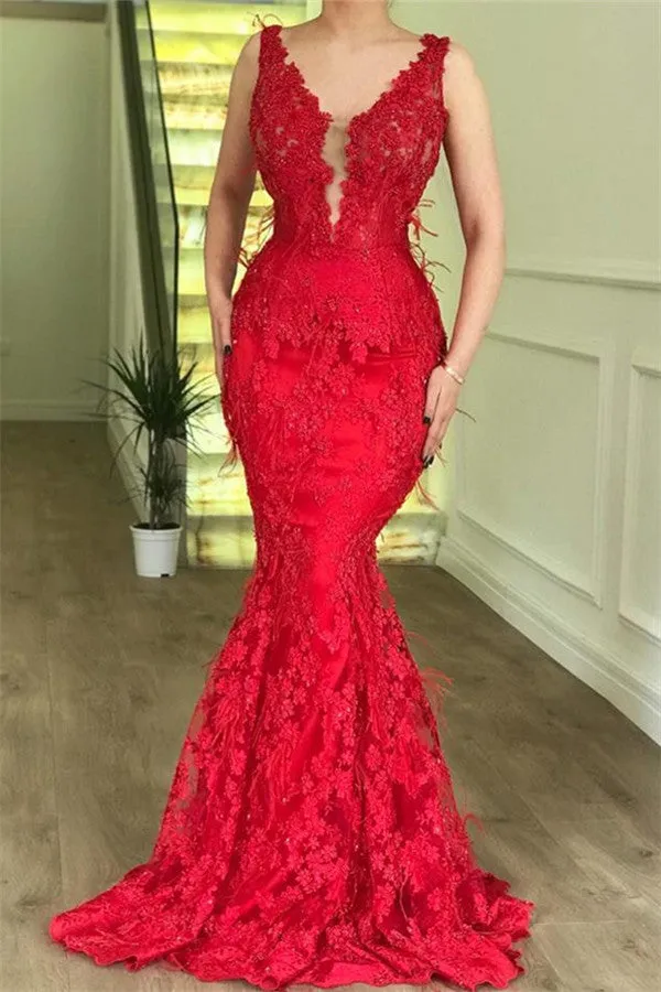 Chic Red Mermaid Sleeveless Lace Appliques Evenging Dresses