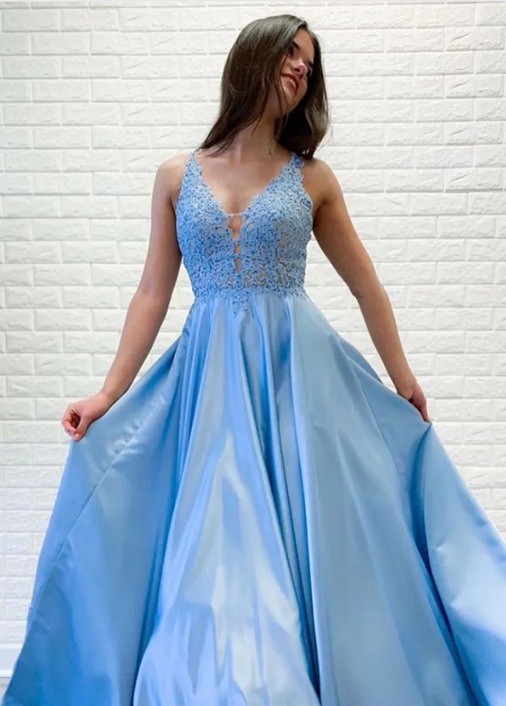 Chic Straps Lace Beading Prom Party Gowns| Chic Deep V-neck Long Prom Gown