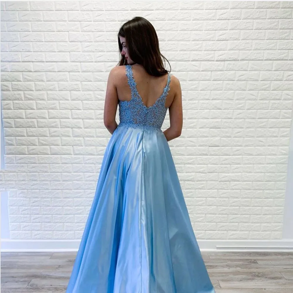 Chic Straps Lace Beading Prom Party Gowns| Chic Deep V-neck Long Prom Gown