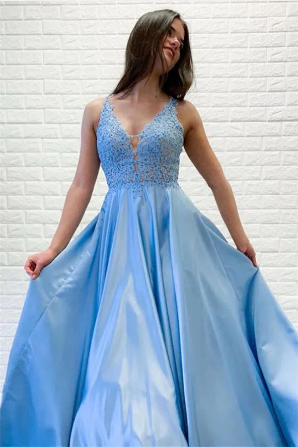 Chic Straps Lace Beading Prom Party Gowns| Chic Deep V-neck Long Prom Gown