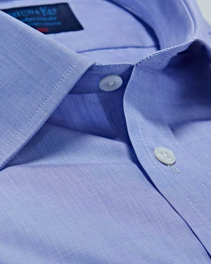 Classic Fit Plain Blue End-on-End Cotton Shirt with Classic Collar & Double Cuff