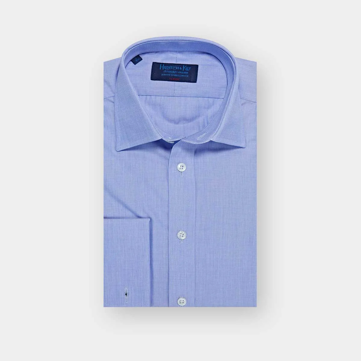 Classic Fit Plain Blue End-on-End Cotton Shirt with Classic Collar & Double Cuff