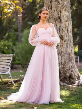 Corset Puffy Sleeves Floor Length Tulle Prom Dress