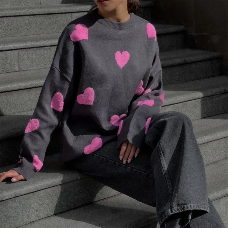 Cute Hearts Pullover Sweater Soft Cozy Loose Casual Warm Sweater