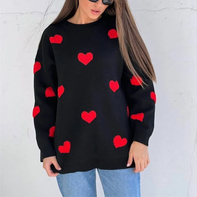 Cute Hearts Pullover Sweater Soft Cozy Loose Casual Warm Sweater