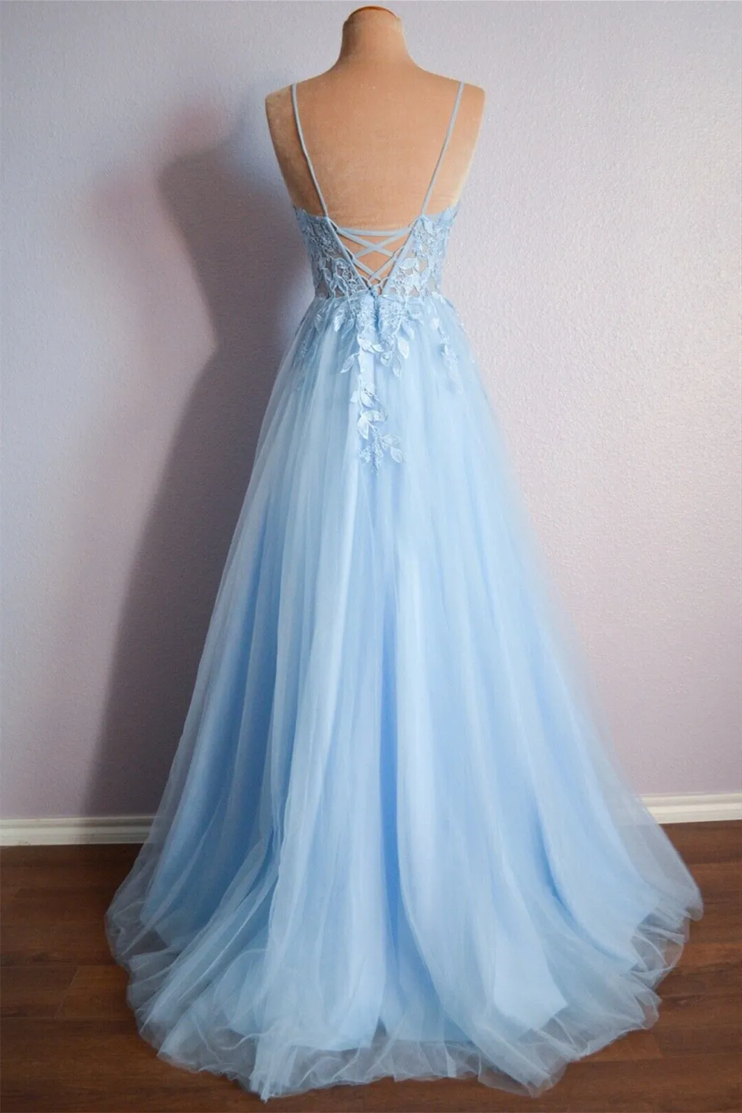 Cynthia | Light Blue V Neck Lace-Up Appliques Tulle Long Prom Dress