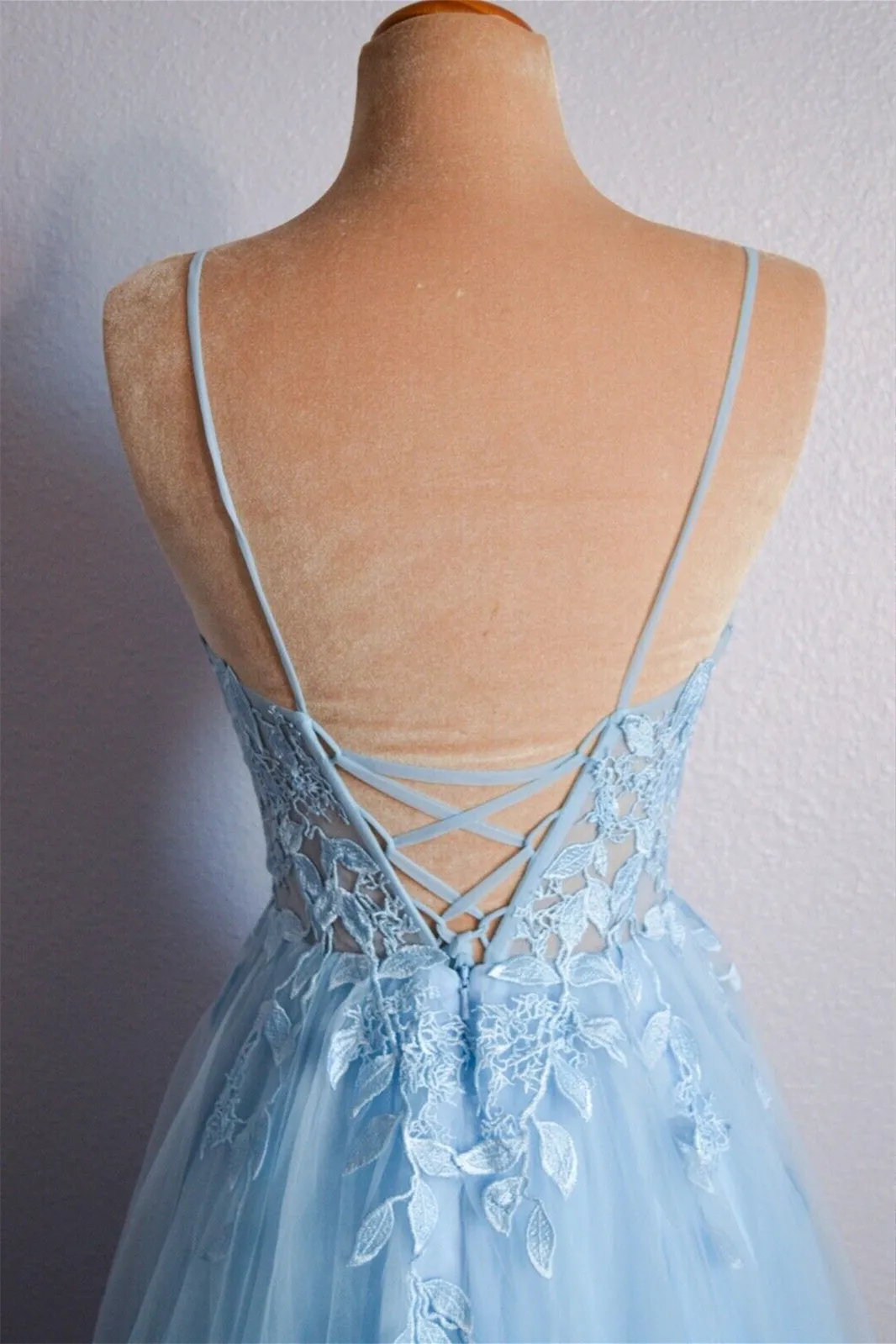 Cynthia | Light Blue V Neck Lace-Up Appliques Tulle Long Prom Dress