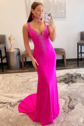 Elle |Mermaid V-Neck Beaded Satin Prom Dress with Cross Back