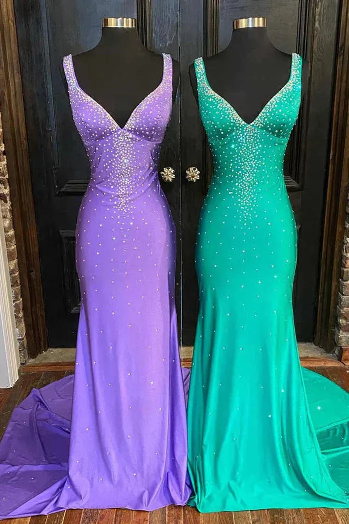 Elle |Mermaid V-Neck Beaded Satin Prom Dress with Cross Back