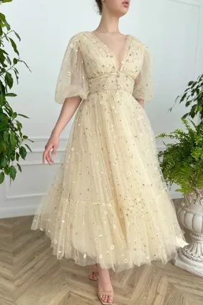 Elliott | A-line V Neck Sea of Daisies Dress Engagement Ankle Length Half Sleeve High Neck Tulle with Buttons Pleats