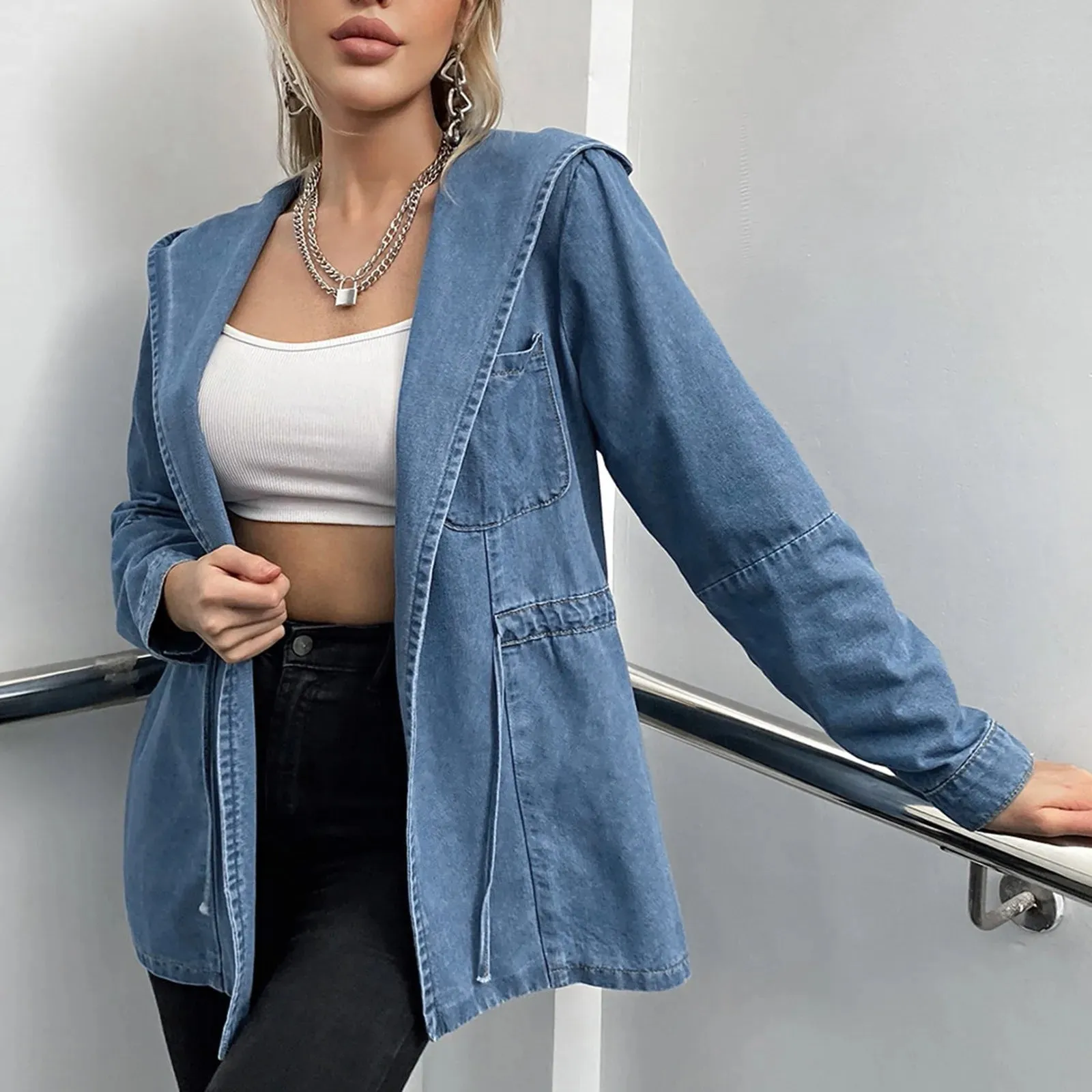 Fashion Oversized Lace-Up Waist Long Sleeve Chic Hooded Denim Jackets