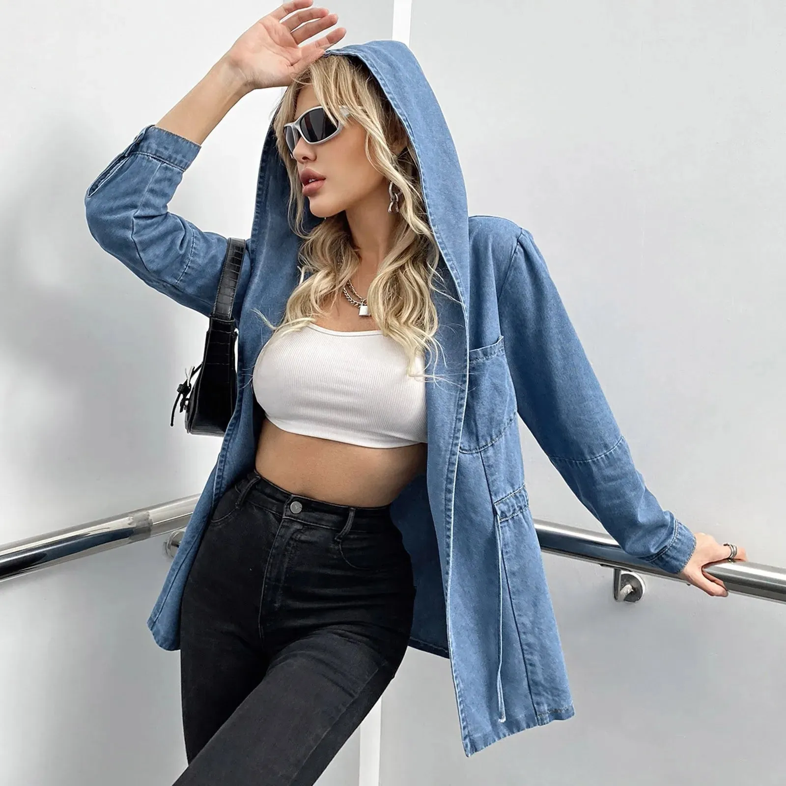 Fashion Oversized Lace-Up Waist Long Sleeve Chic Hooded Denim Jackets