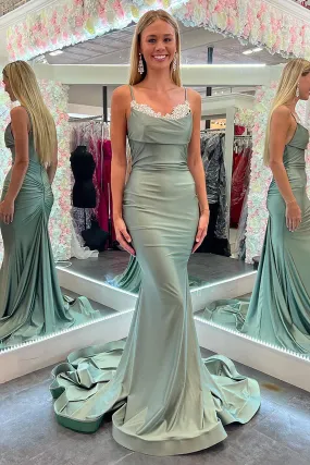 Jayleen | Mermaid Spaghetti Straps Green Long Prom Dress with Lace