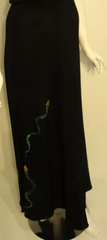 KRIZIA 1970s Black Crepe Halter Gown Snake Print