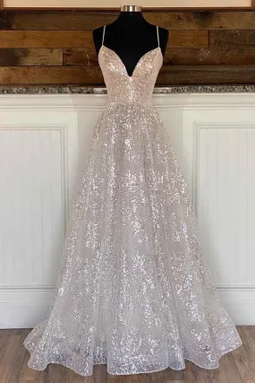 Light Champagne Sequin Lace A-Line Prom Dress