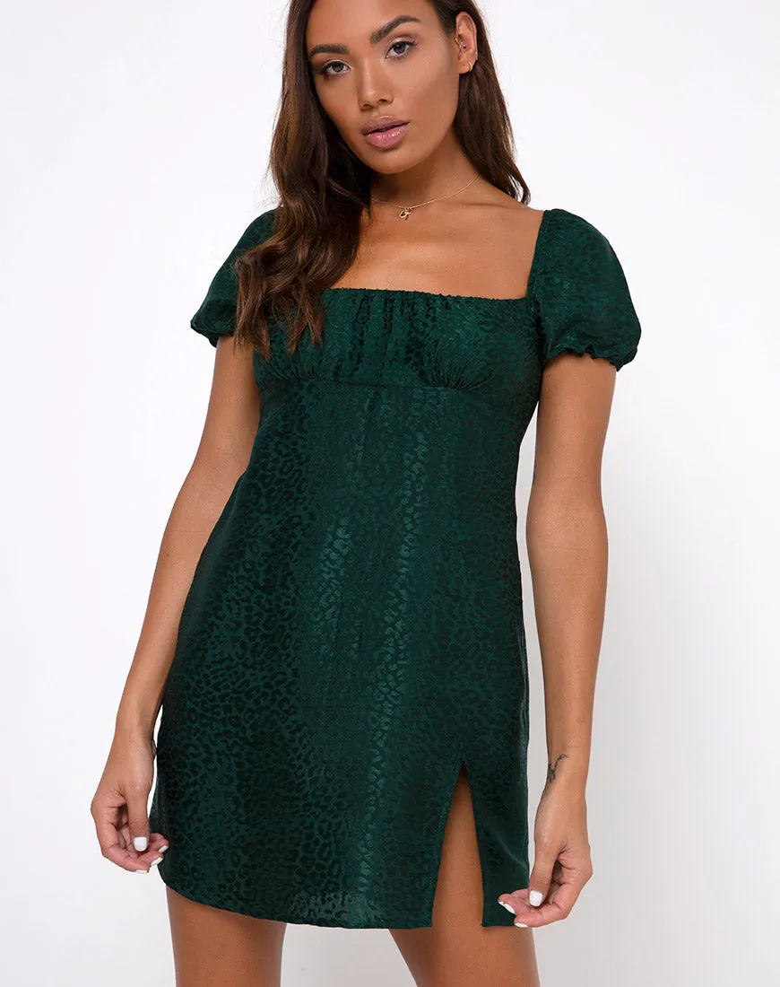 Lonma Mini Dress in Satin Cheetah Forest Green