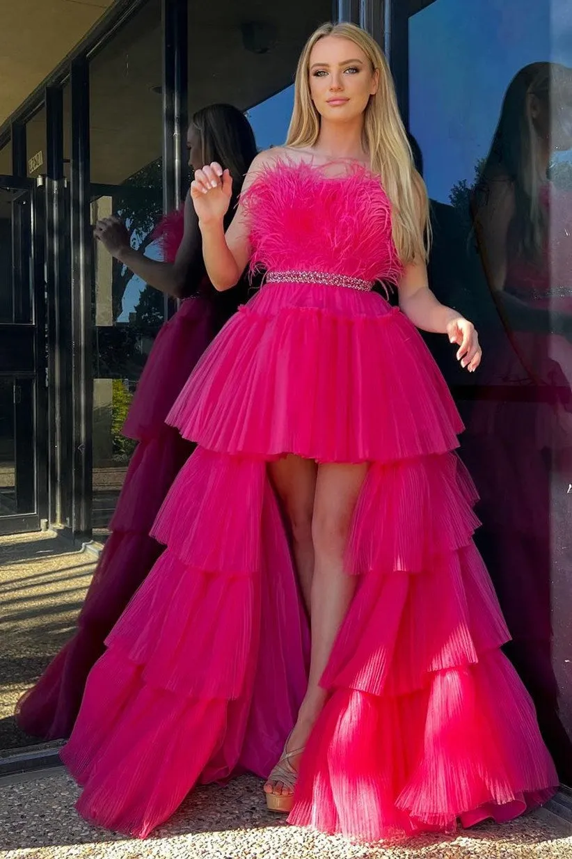 Marie| Fuchsia A-line High-Low Strapless Ruffled Tulle Prom Dress with Feathers