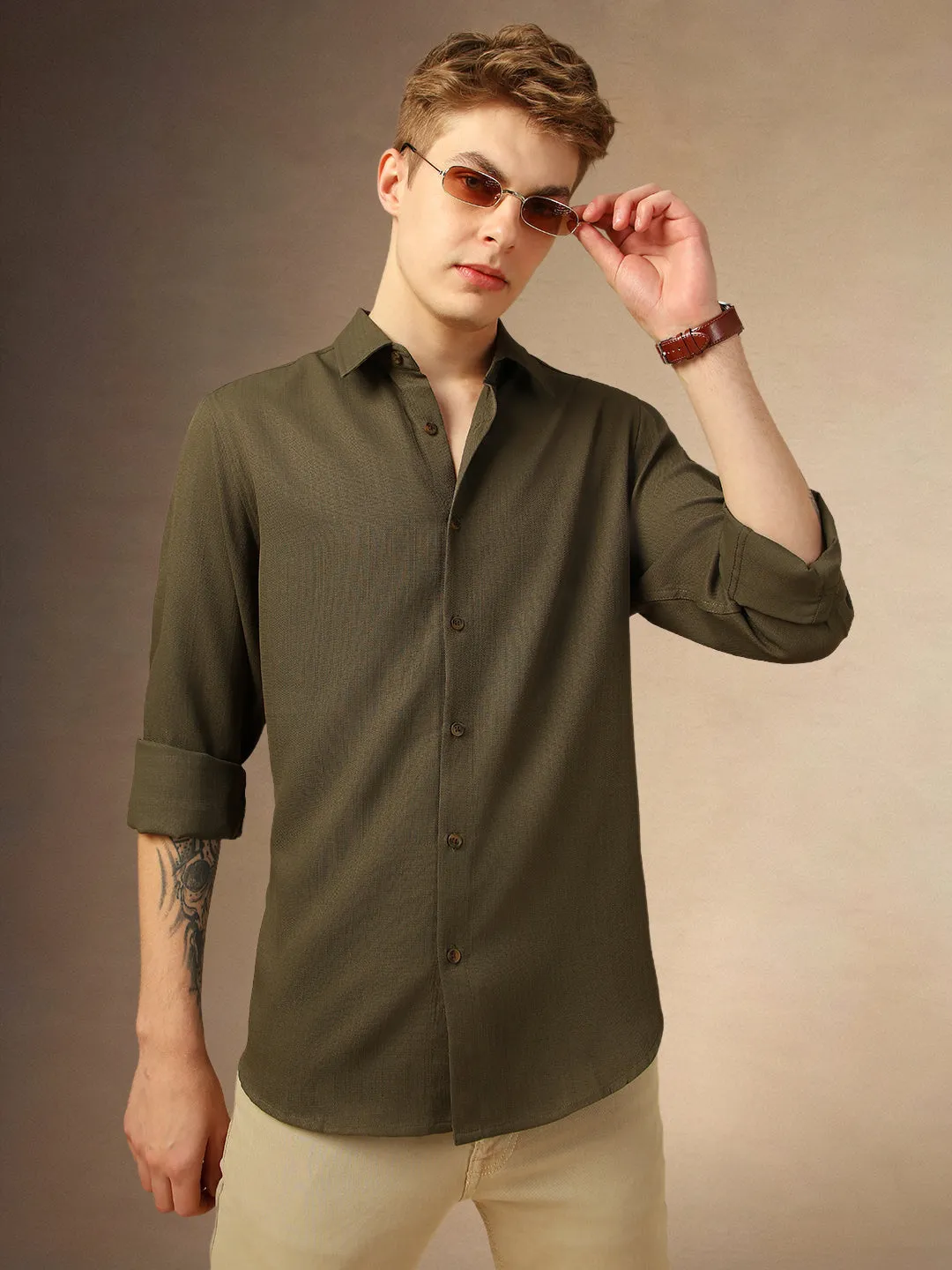 Men's Olive Textured Spread Collar Full Sleeves Casual Shirt