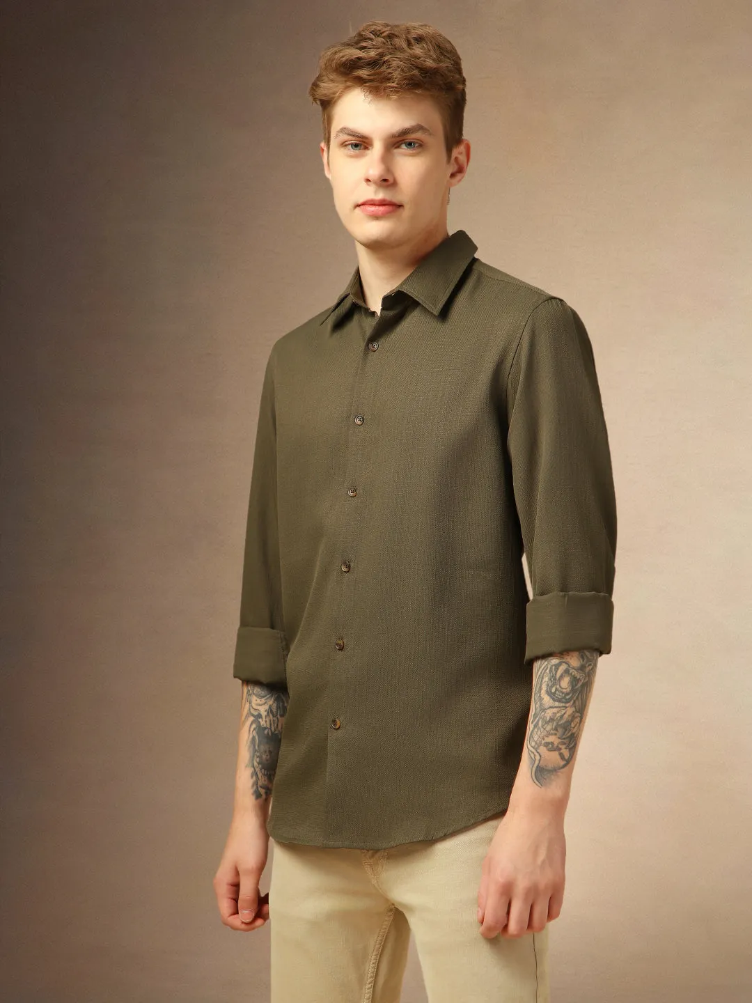 Men's Olive Textured Spread Collar Full Sleeves Casual Shirt