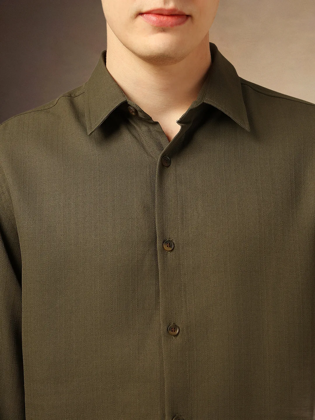 Men's Olive Textured Spread Collar Full Sleeves Casual Shirt