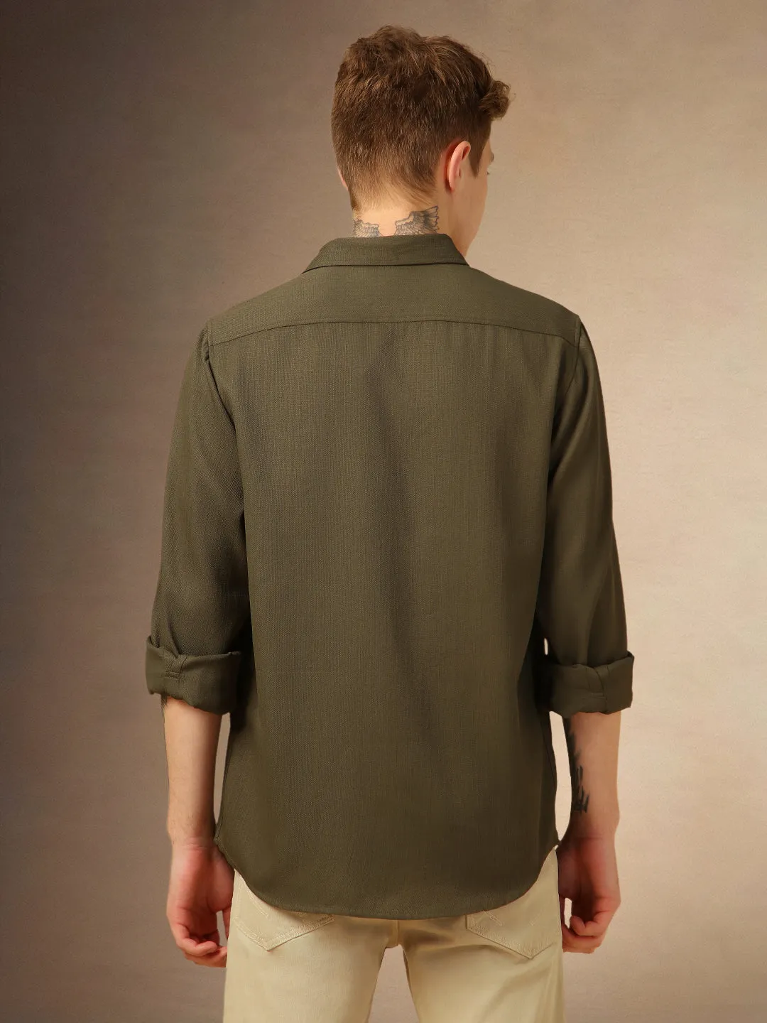 Men's Olive Textured Spread Collar Full Sleeves Casual Shirt