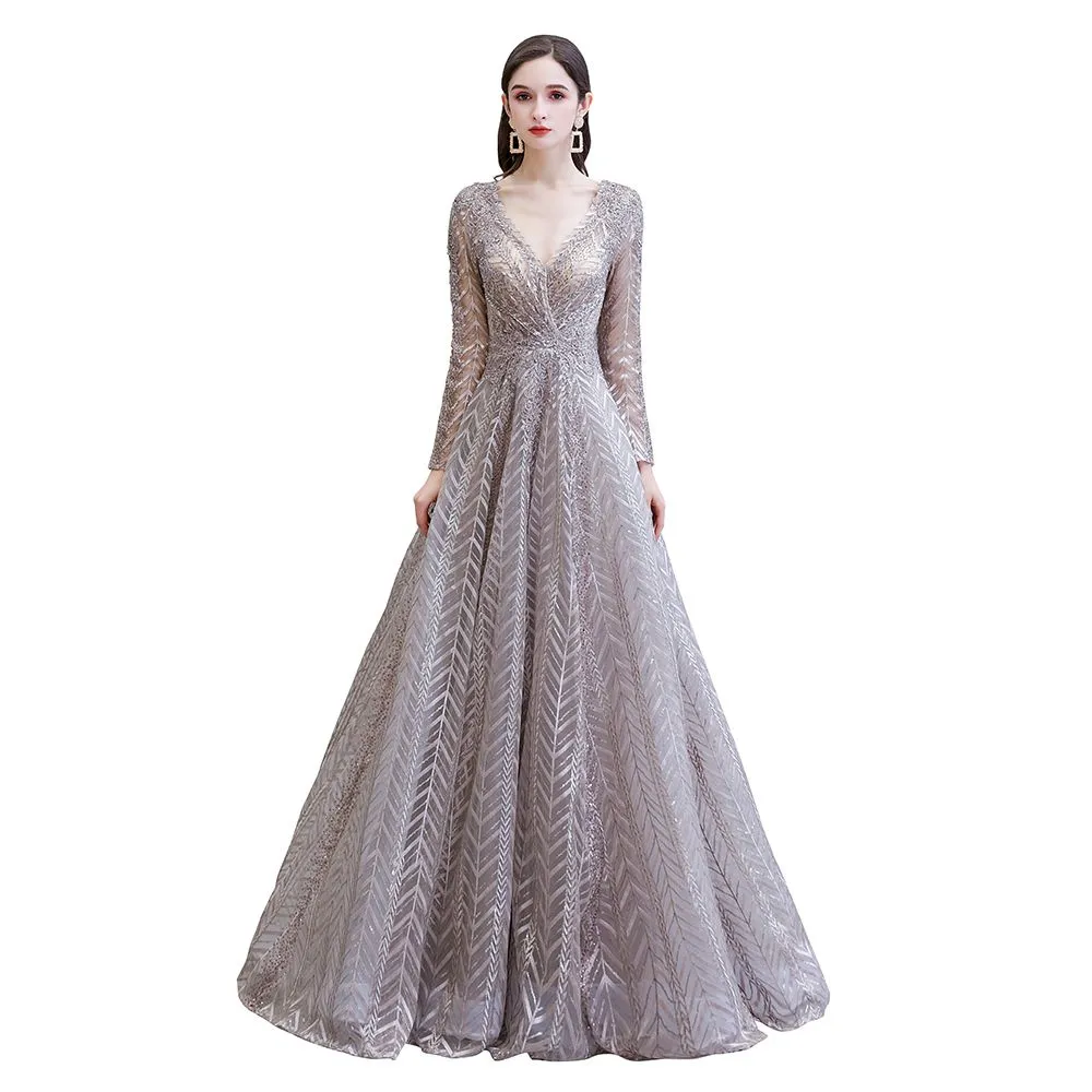 Modest Long Sleeves V-Neck Princess Prom Dress Sequined Aline Party Gown