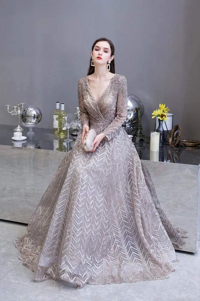 Modest Long Sleeves V-Neck Princess Prom Dress Sequined Aline Party Gown