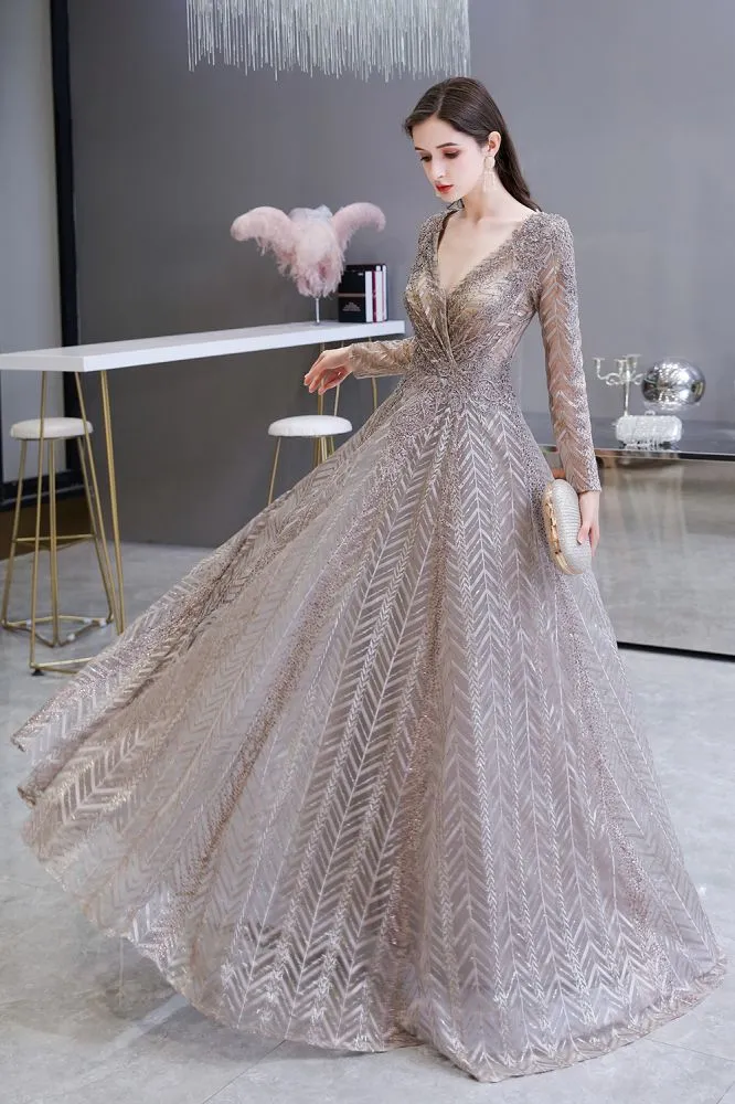 Modest Long Sleeves V-Neck Princess Prom Dress Sequined Aline Party Gown