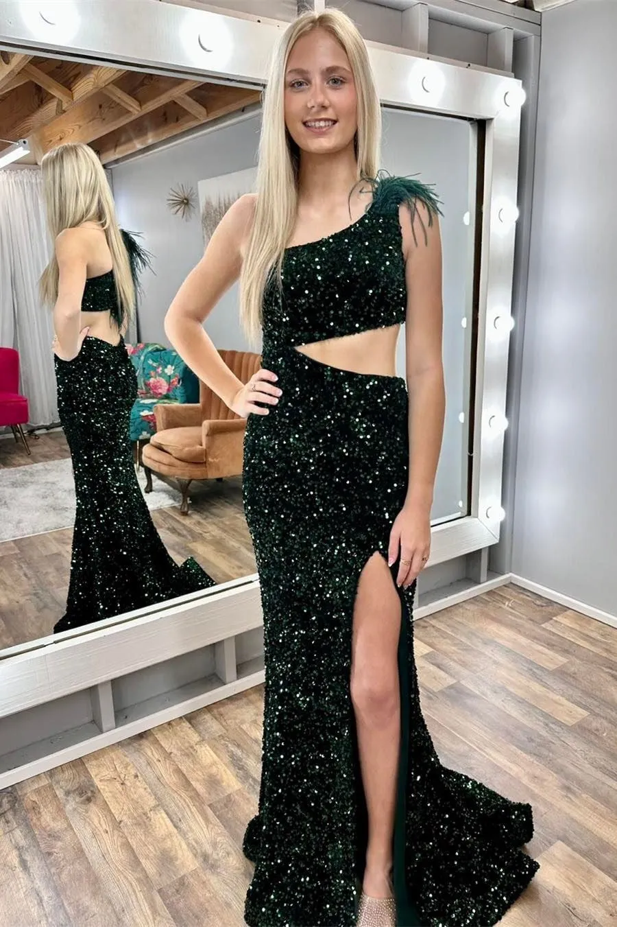 Paola | Sequin Feather One-Shoulder Mermaid Long Dress with Slit