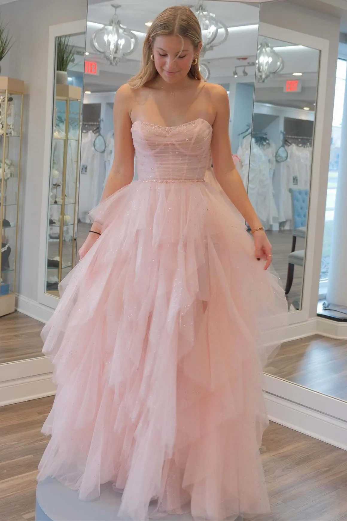 Patsy | Strapless Light Pink Sequin Beaded Ruffle Tulle Prom Dress