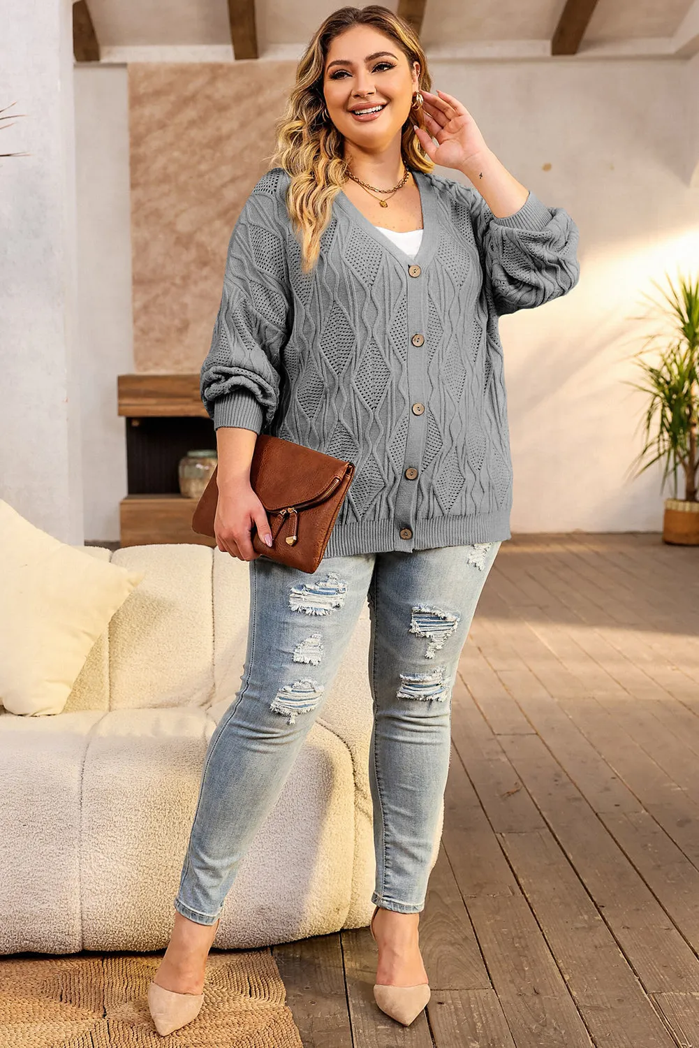 Plus Size Knitted Hollow out Cardigan