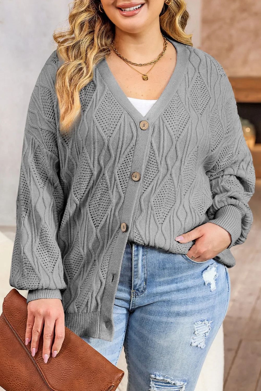 Plus Size Knitted Hollow out Cardigan