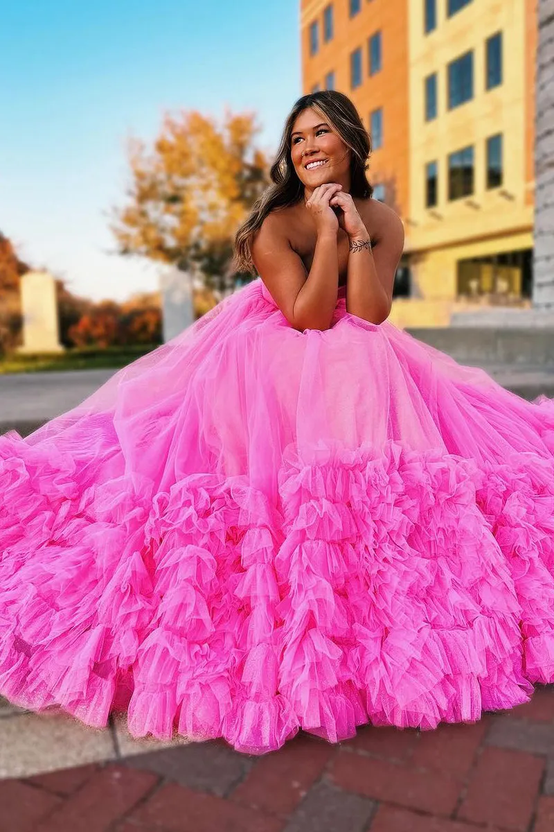 Rachael | Pink Sweetheart Tiered Tulle Long Prom Dresses