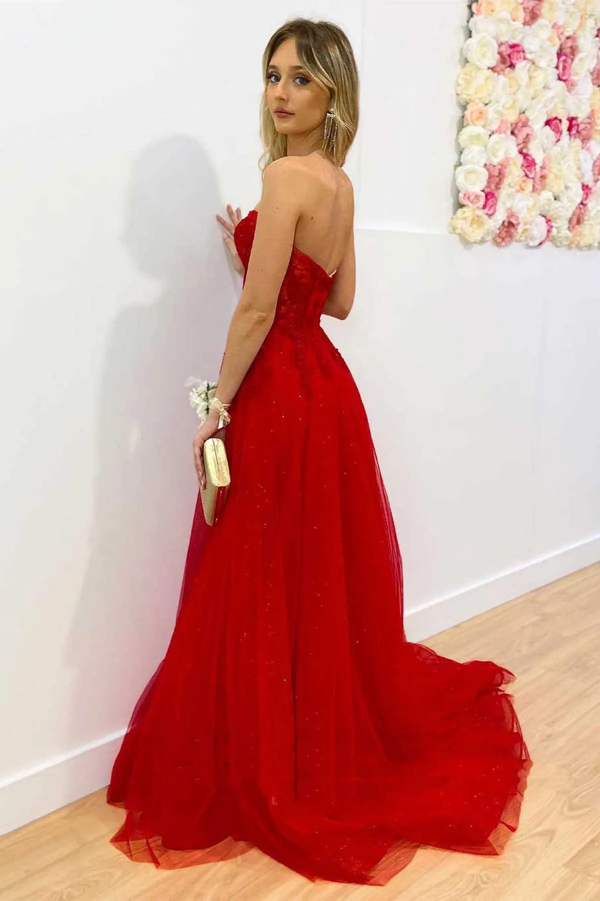 Red Strapless A-Line Long Prom Dress with Appliques