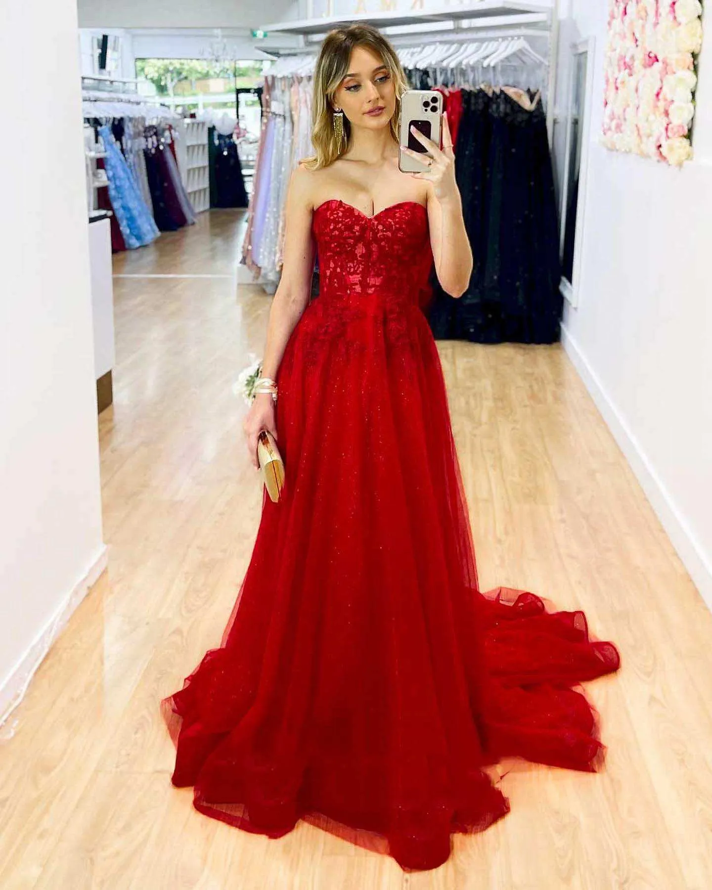 Red Strapless A-Line Long Prom Dress with Appliques