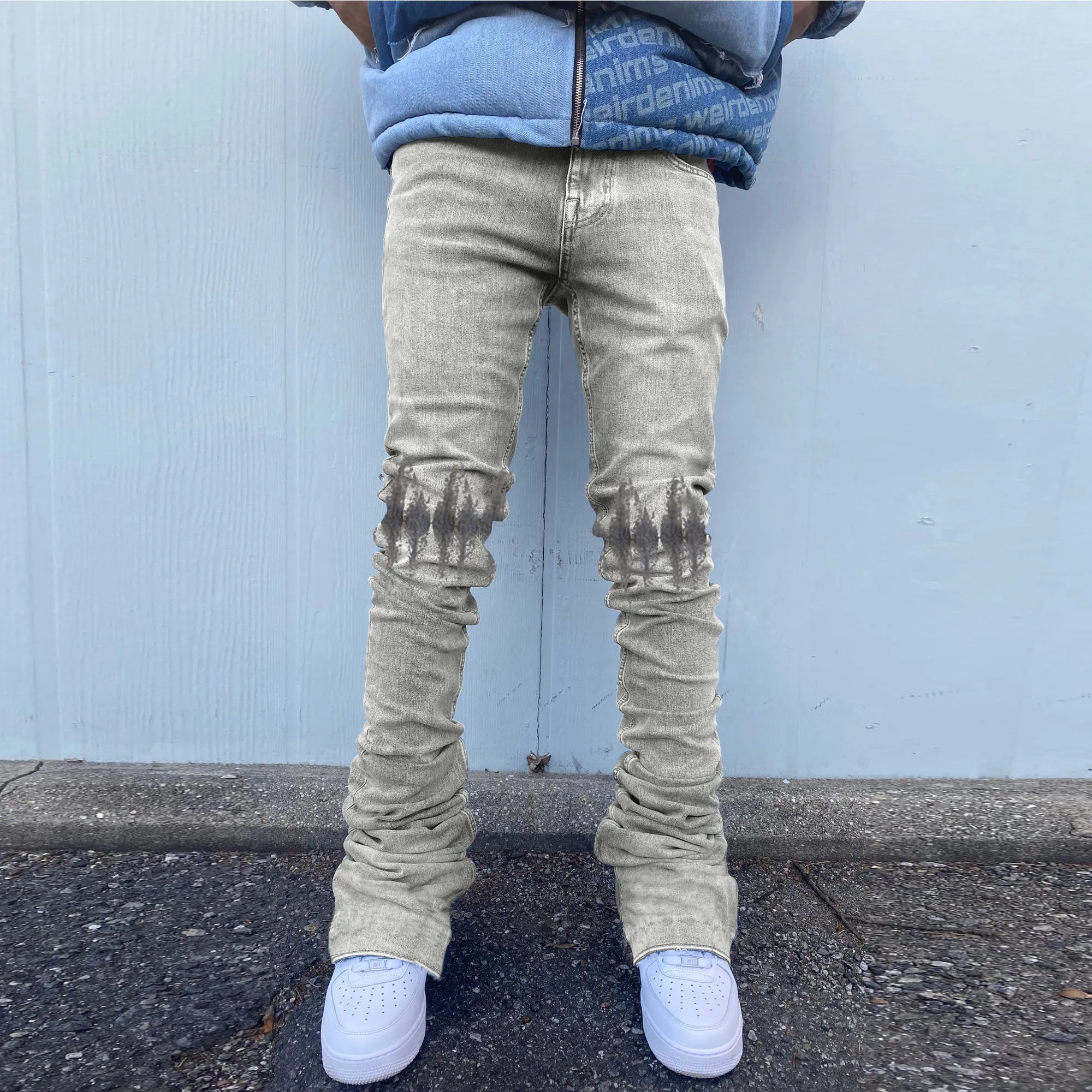 Trendy brand tie-dye gradient denim washed and distressed straight-leg pants